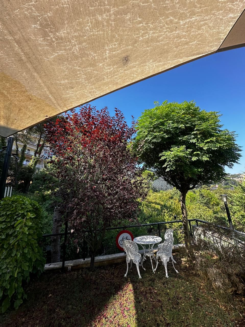 Shaded seating corner under a sail, with trees